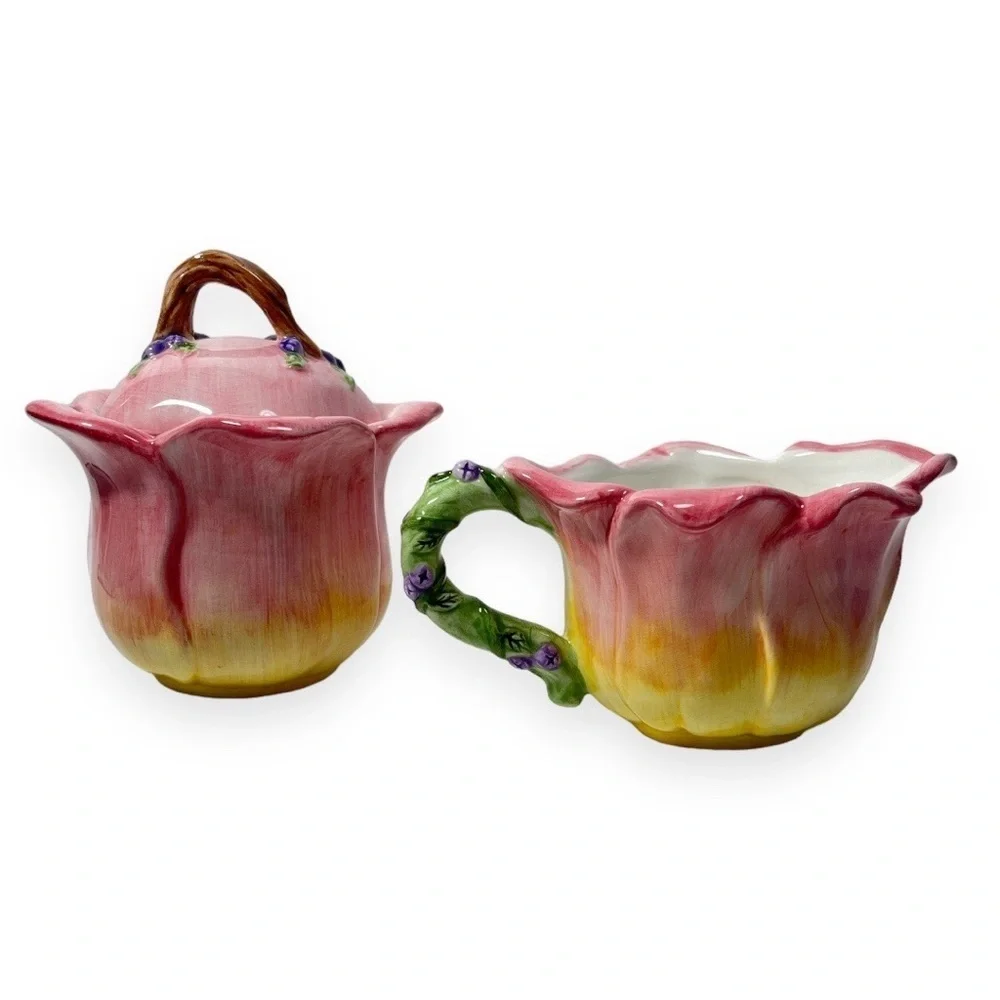 Charter Club Home Wild Flowers Creamer Sugar Bowl Lid Pink‎ Yellow Hand Painted